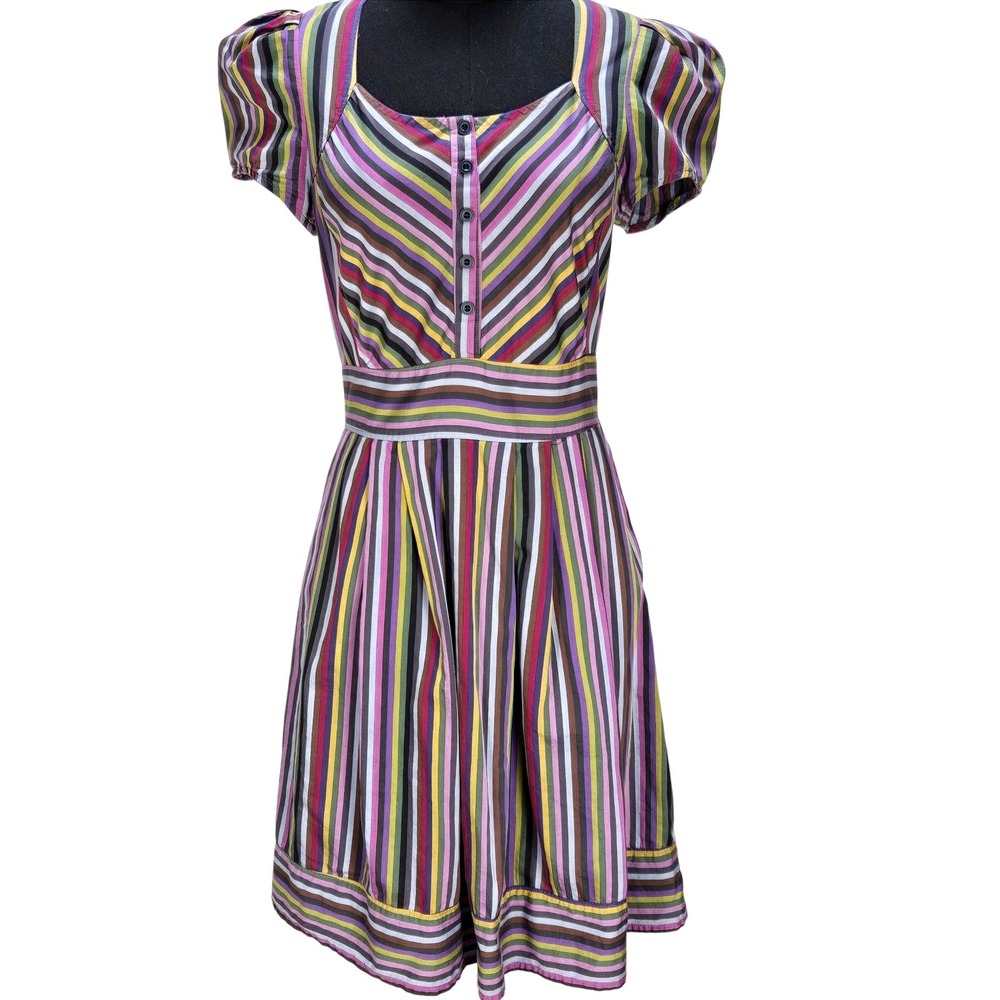 Women's Large Multi-Color Striped Puff Sleeve A-Line Dress Retro Twee Y2K